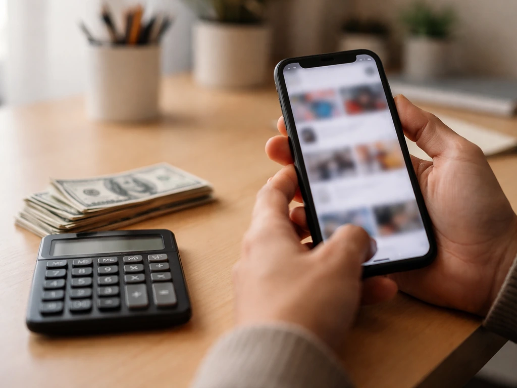 Anonymous creator holding a phone with blurred feed, with cash and an unreadable calculator on a desk.