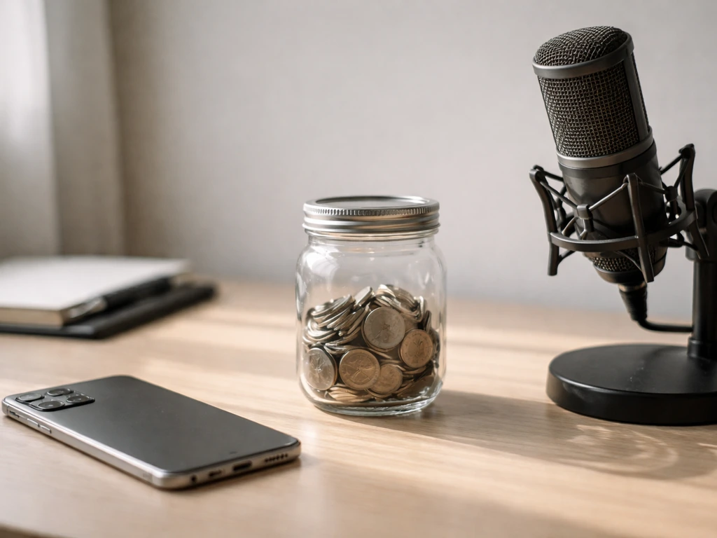 Minimal photo of a smartphone on a desk beside a coin jar and studio microphone, symbolizing creators’ income beyond fol