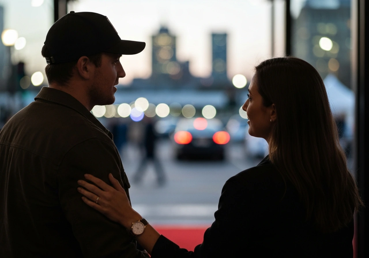 Anonymous couple at an upscale public event entrance under warm evening lights, symbolic success vibe.