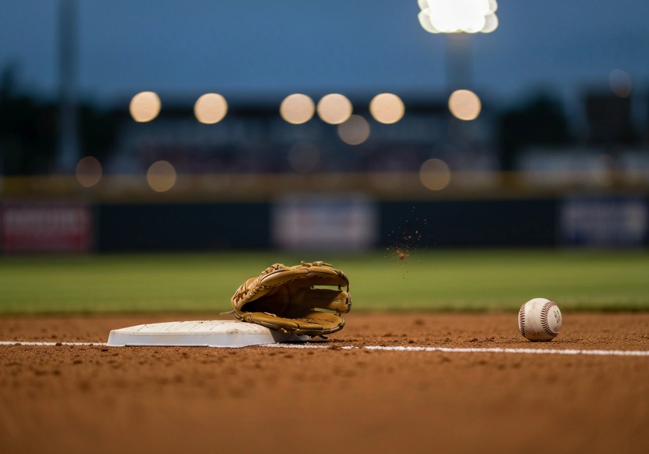 Baseball glove and ball on an MLB infield dirt, blurred stadium lights in the background.
