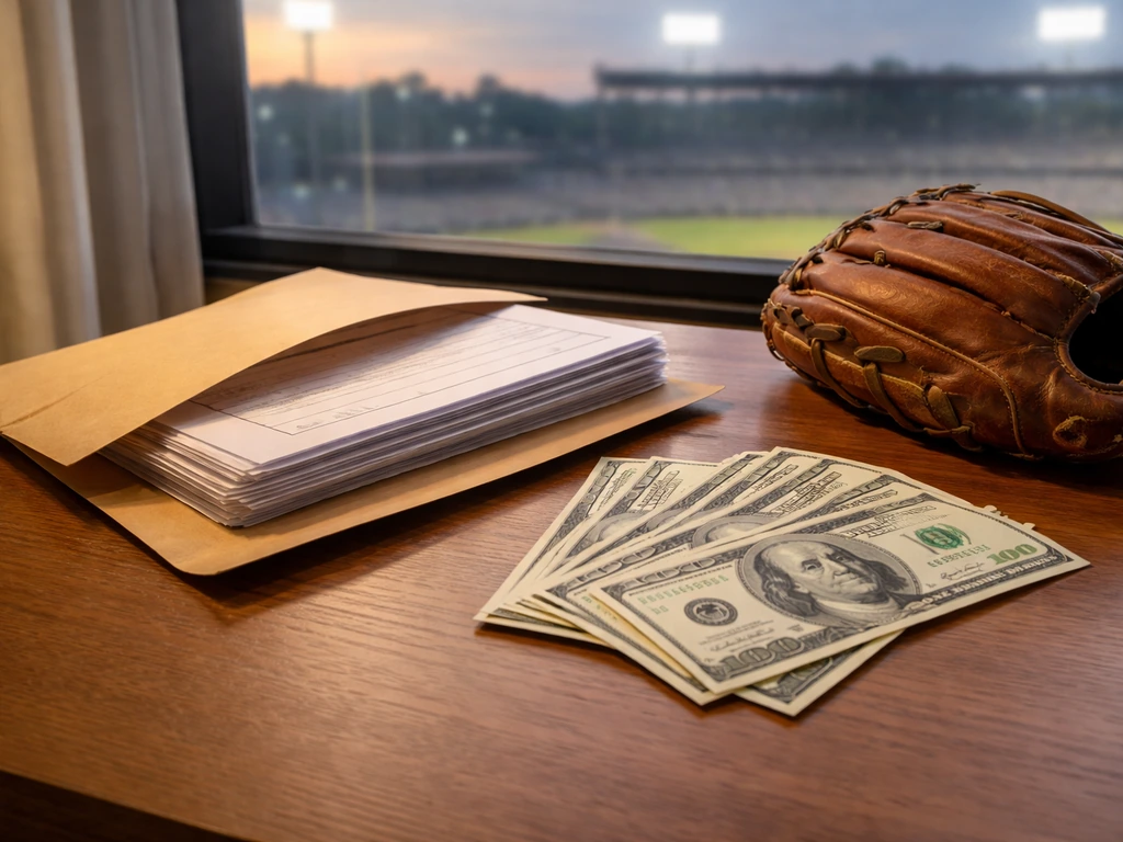 Anonymous baseball player’s contract-style scene with money envelopes and a stadium backdrop
