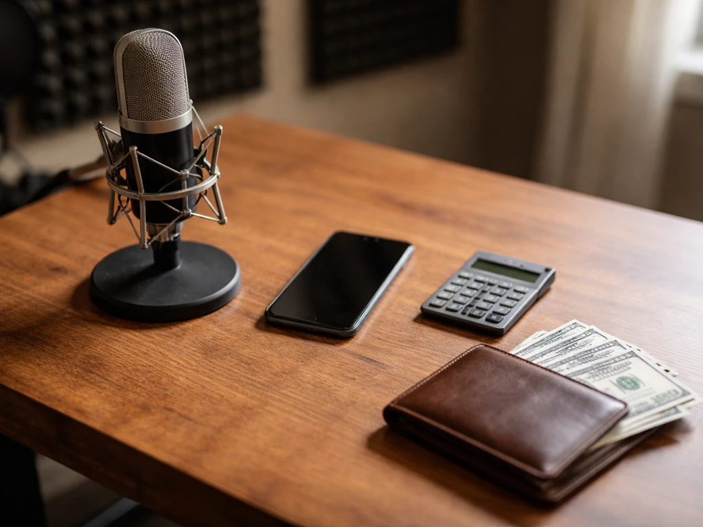 Minimal photo of a music studio desk with cash, mic, and a calculator symbolizing a net worth range estimate