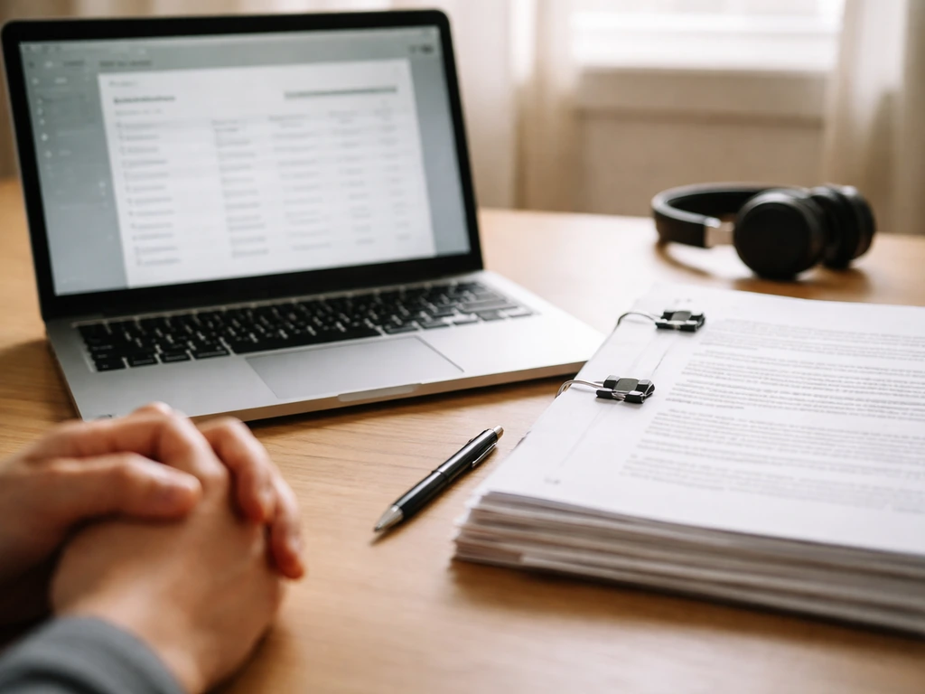 Close-up of music royalty documents and an open laptop showing a generic search screen on a desk.
