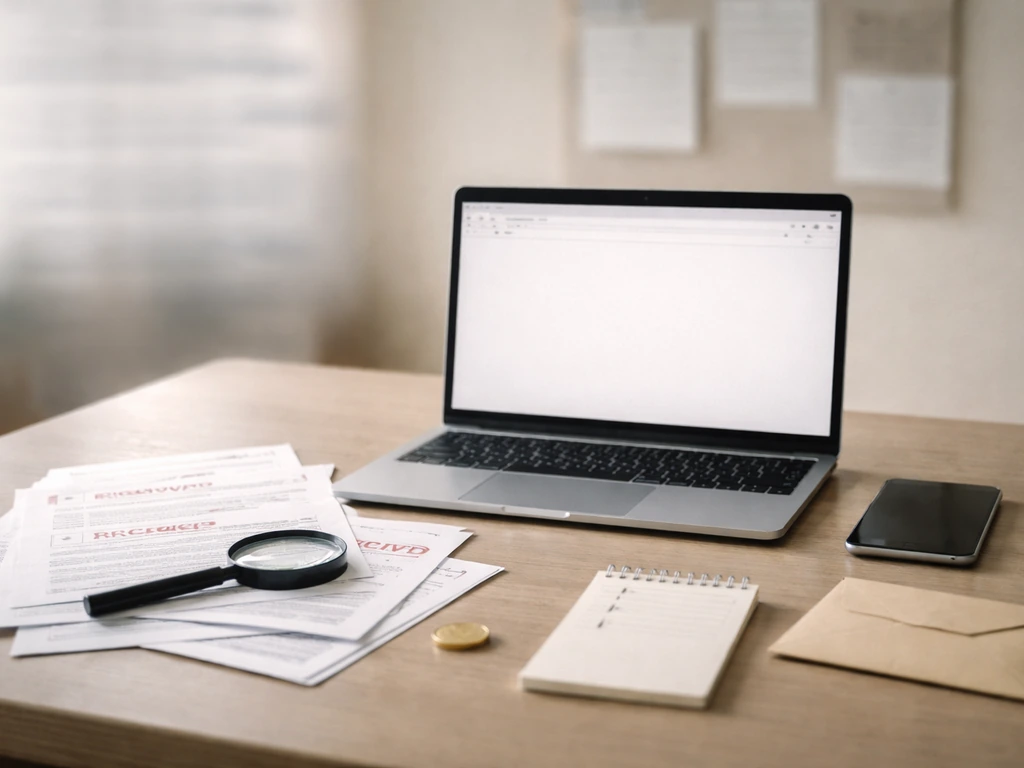 Minimal desk scene with laptop, documents, magnifying glass, and verification checkmarks implying limited public records