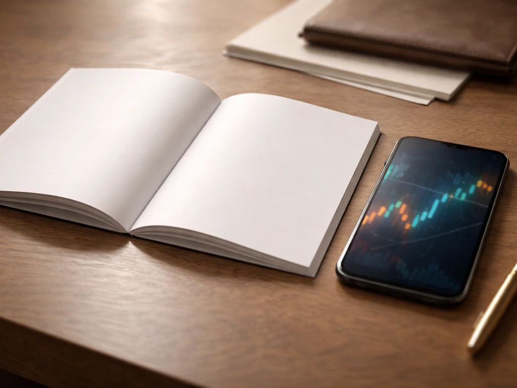Close-up of an open investor brochure and smartphone displaying blurred finance screens on a desk