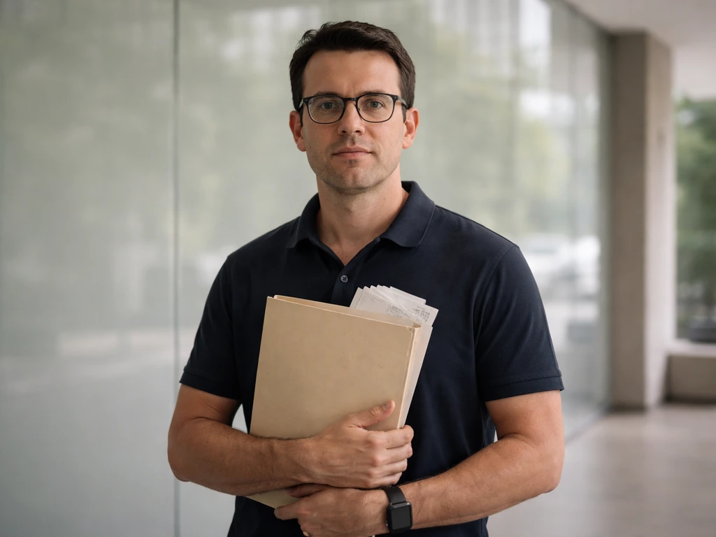 David Vélez in a Nu-related office lobby, holding a folder, with minimal share-sale styled visual cues
