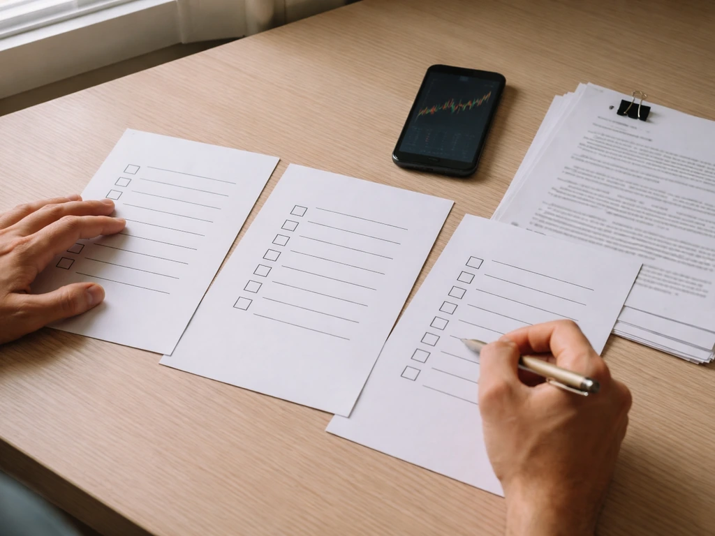 Person at a desk reviewing stock-price and filings checklist with papers and smartphone, no readable text.