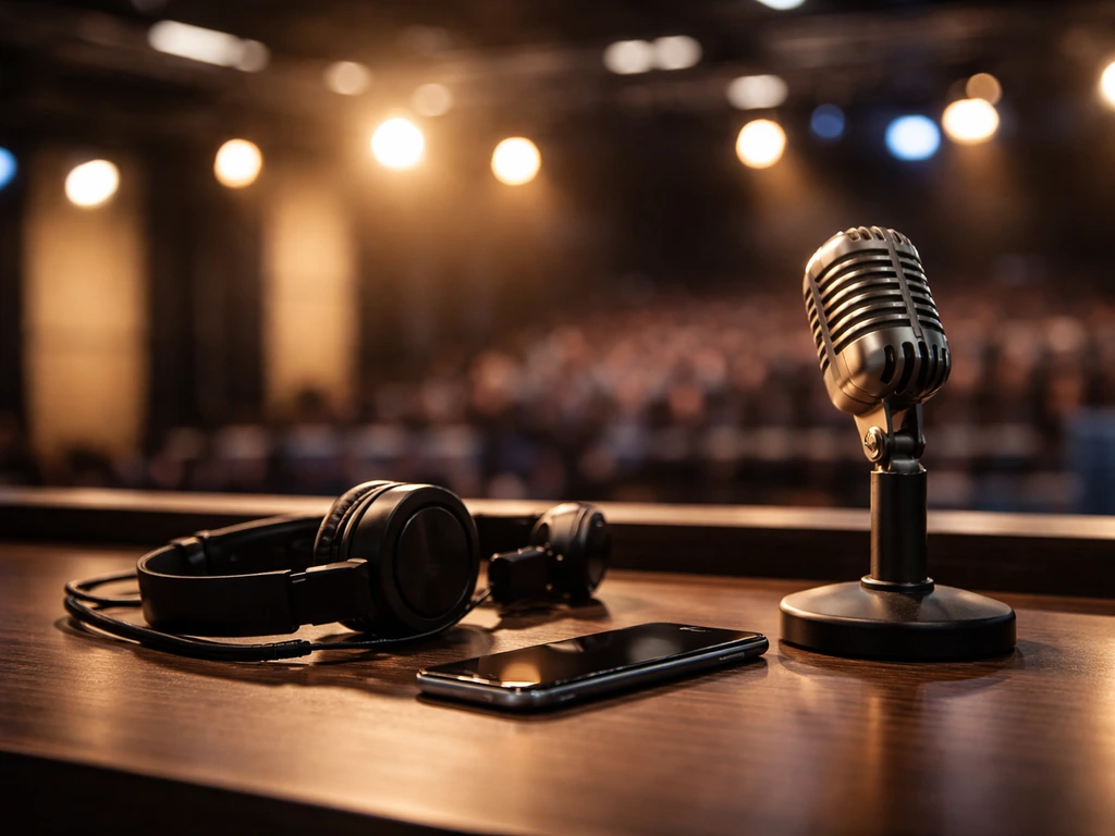 Unoccupied TV studio desk with microphone and headphones, warm lights suggesting media hosting and wealth analysis.