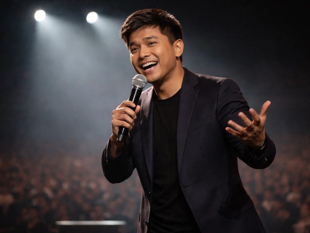 Comedian performing stand-up on a concert stage with microphone under spotlights.