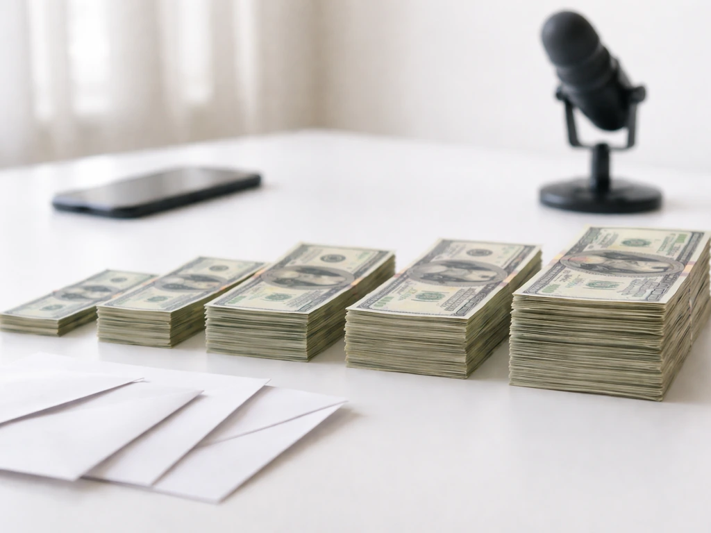 Minimal scene showing conflicting money figures represented by blurred cash and stacked envelopes