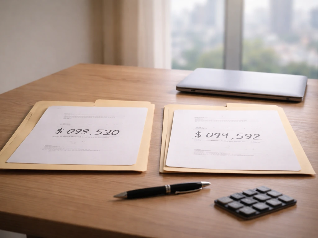 Minimal desk scene with two open folders showing different wealth estimate numbers as abstract paper