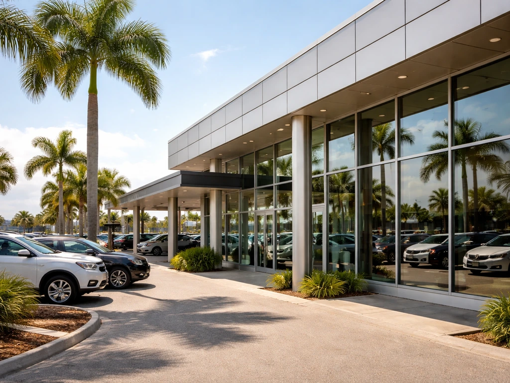 Quiet daytime shot of an auto dealership building in Lake Charles style, symbolizing dealership income streams.