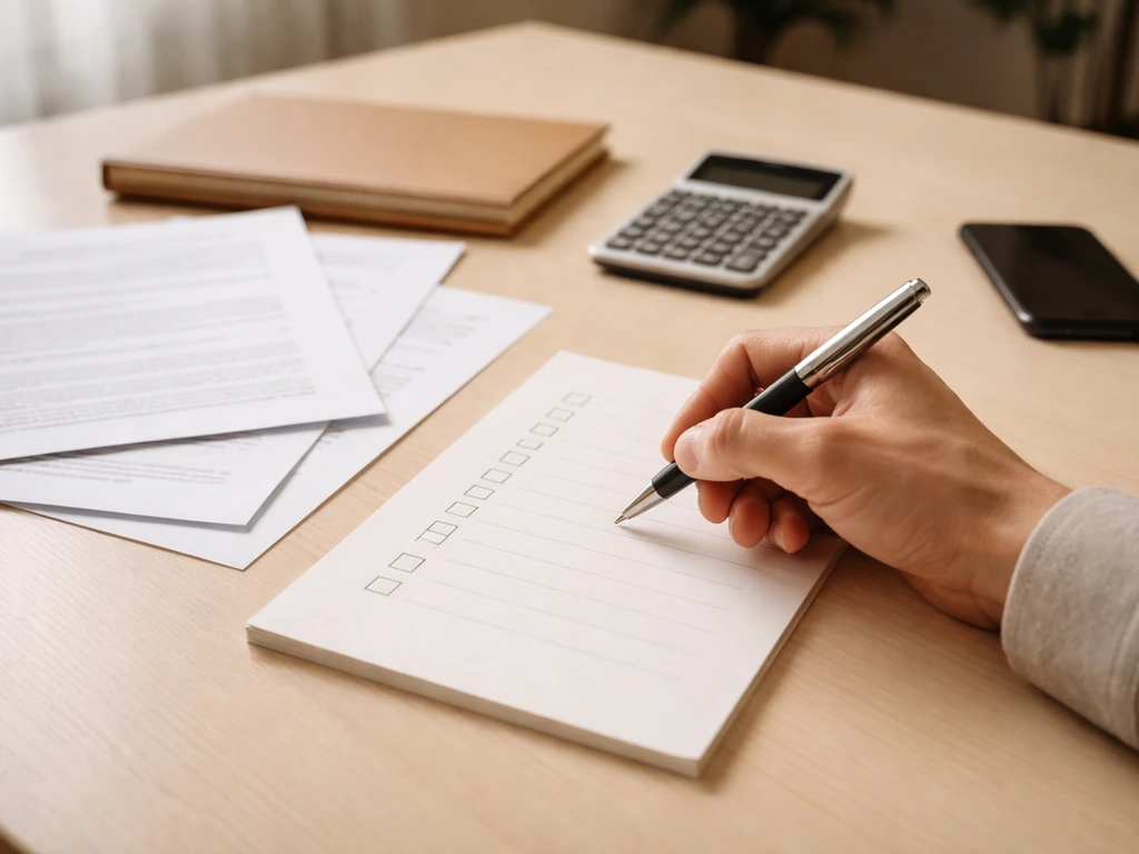 Hand holding a pen pointing at a blank checklist page beside documents and a calculator on a desk