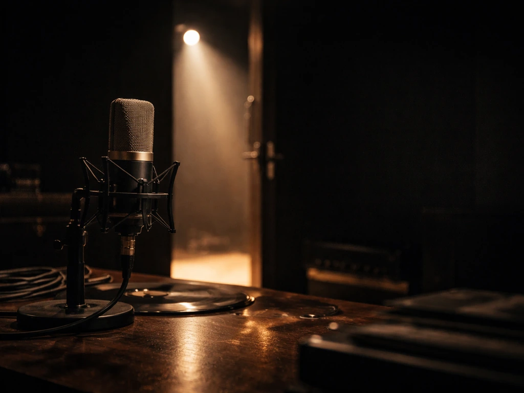 Moody music studio scene with gold reflections, suggesting wealth and an industry timeline.