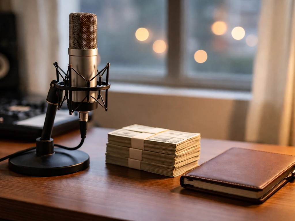 Studio microphone and cash-like bills on a desk with soft city light blur in the background.