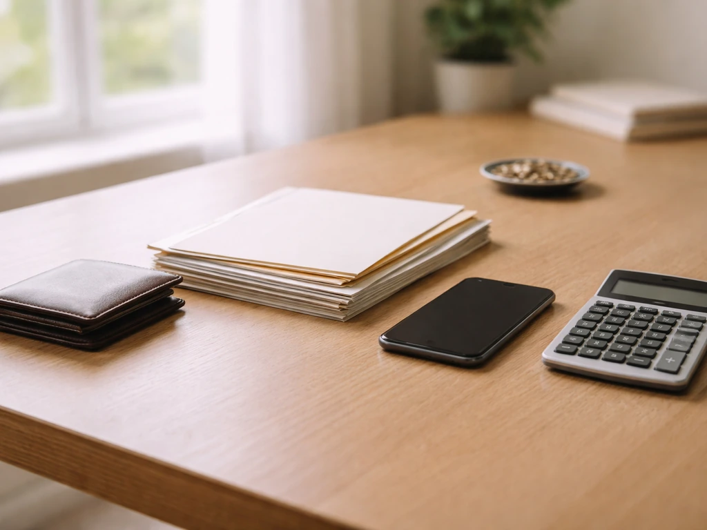 Minimal desk scene with wallet, documents, calculator, and coins symbolizing assets minus liabilities.