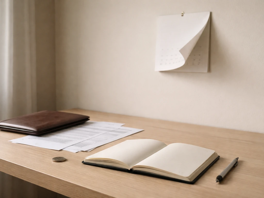 Minimal desk scene with scattered documents and a calendar page turned, suggesting shifting estimates
