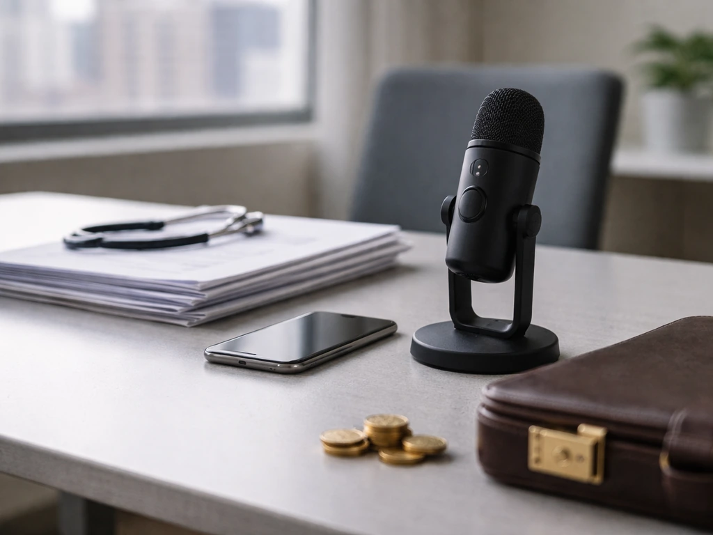 Minimal workspace with a microphone, phone, documents, briefcase, and coins—symbolic of net worth analysis.