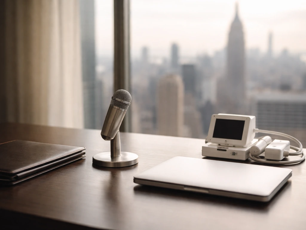 Minimal office desk with a microphone, premium portfolio, and generic medical device model near a laptop.