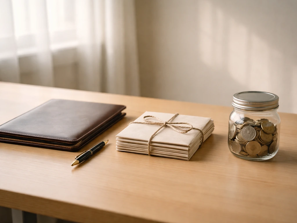 Minimal desk scene with three objects symbolizing founder equity, company exits, and later ventures