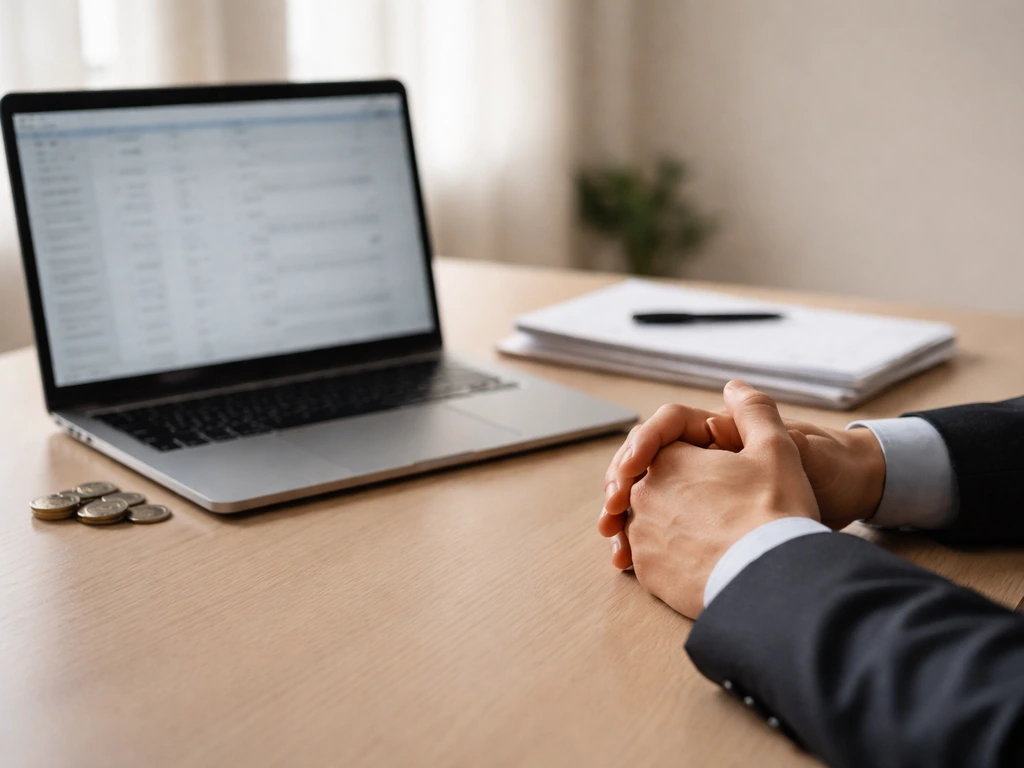Anonymous entrepreneur at a desk with a laptop and scattered documents, suggesting compensation and ownership