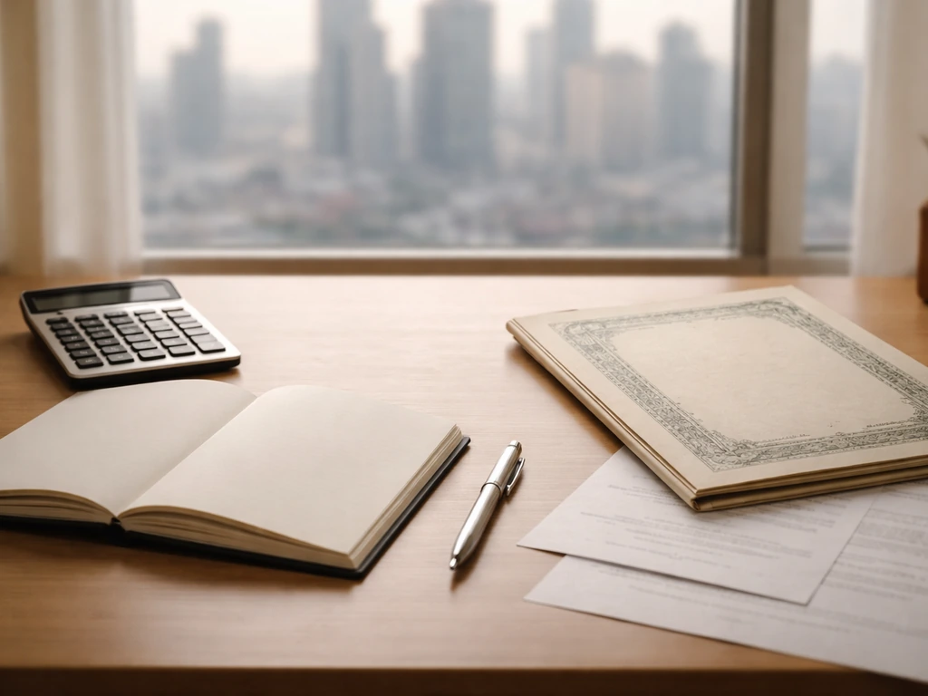 Minimal desk scene with calculator, pen, blank notebook, and blurred city skyline symbolizing business growth.