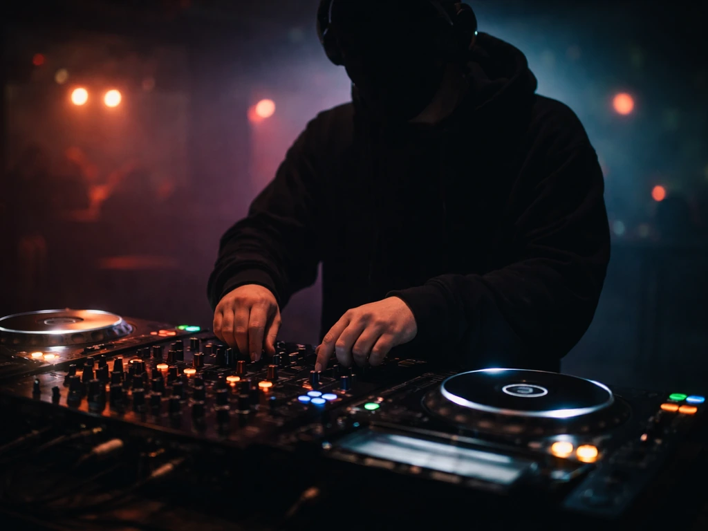 Electronic music DJ performing at a deck setup with turntables and mixer in a dim club-like venue