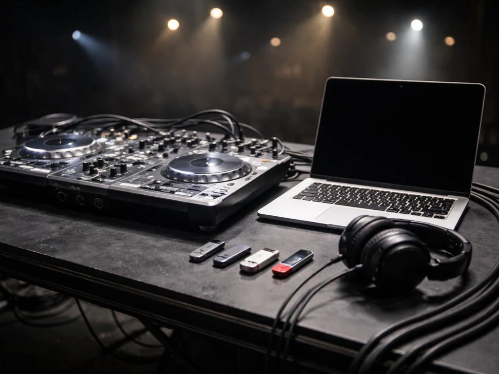 DJ mixer, laptop, USBs and headphones on a stage table with neatly coiled cables