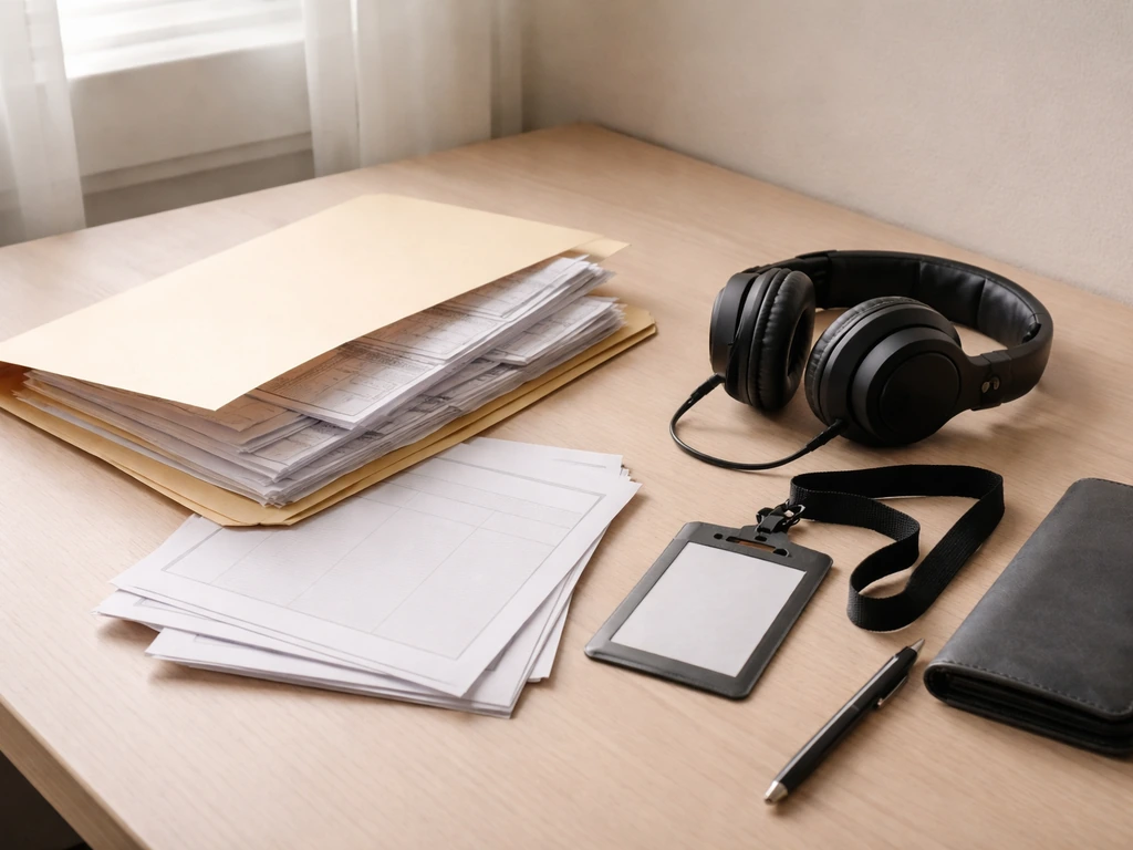 Travel expense folder and receipts for tours laid out on a desk beside headphones and documents.