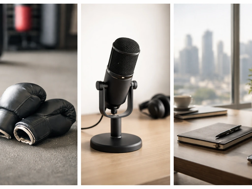 Split-scene of anonymous boxing gloves, studio microphone, and office desk symbolizing multiple Daniel Valdivia profiles