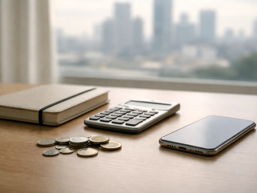 Minimal photo of a finance desk with a notebook and coins, suggesting net-worth estimate factors without any text.