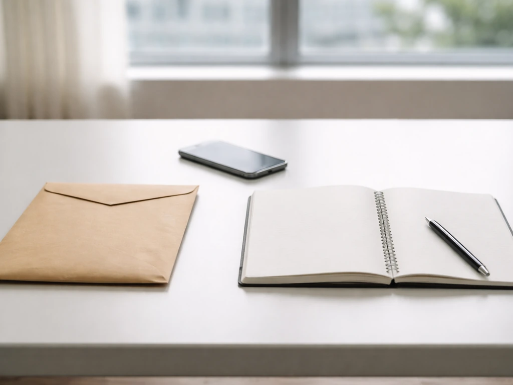 Minimal desk scene with a sealed folder and empty notebook suggesting lack of verified asset records.