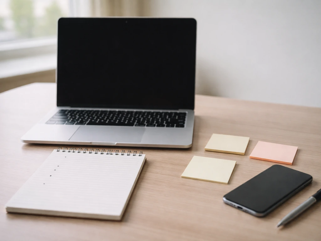 Minimal desk scene with open laptop and sticky notes for researching identity with search queries