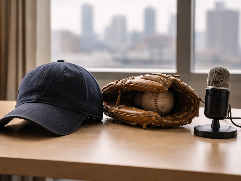 Baseball-themed sports memorabilia and a microphone on a desk symbolizing media coverage