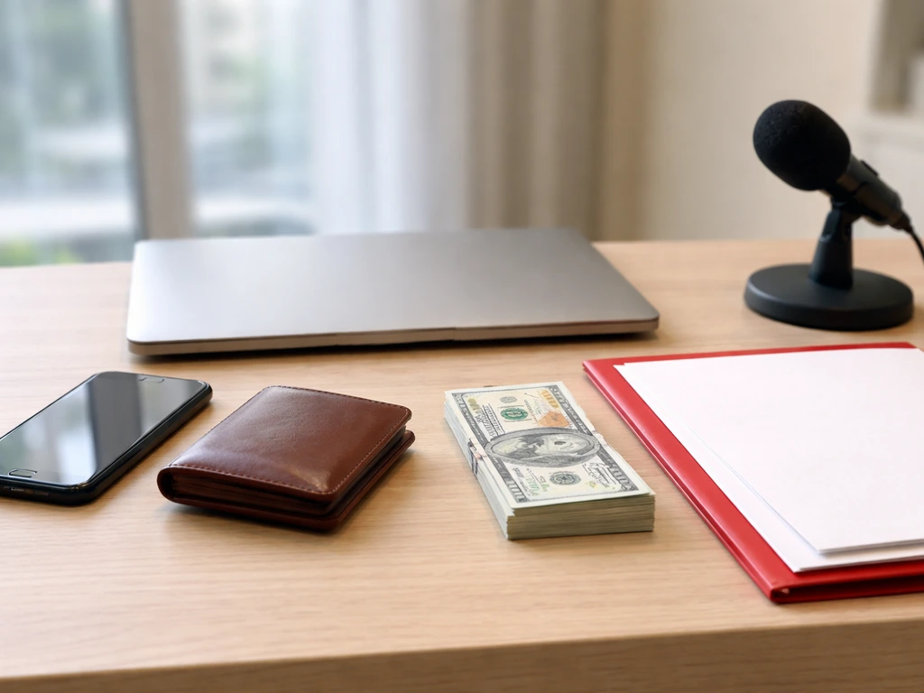 Minimal office desk with laptop, phone, wallet, and cash suggesting income vs expenses calculation.