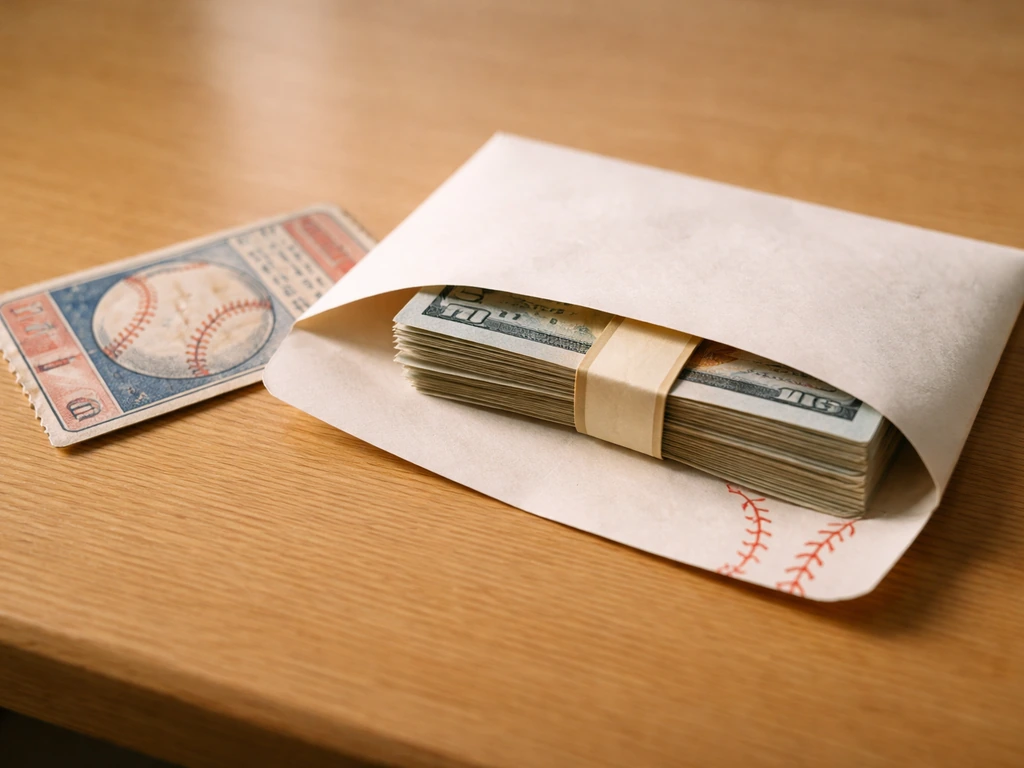 Vintage baseball ticket stub and envelope on a wooden desk with a small cash bundle peeking out.