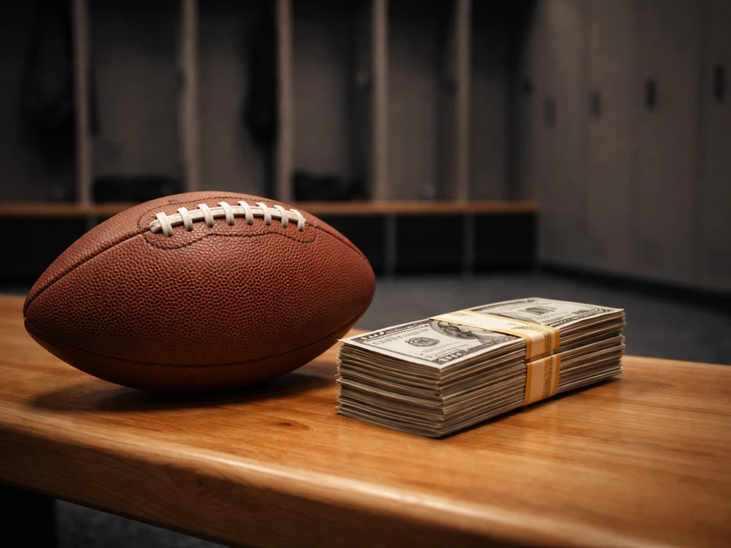 NFL-themed locker-room scene with a football and folded cash, symbolizing a sports net-worth estimate