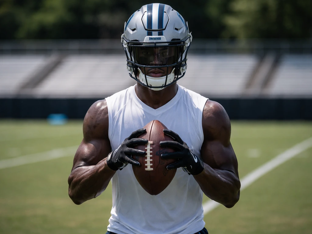 NFL wide receiver in Carolina Panthers colors holding a football on a quiet practice field