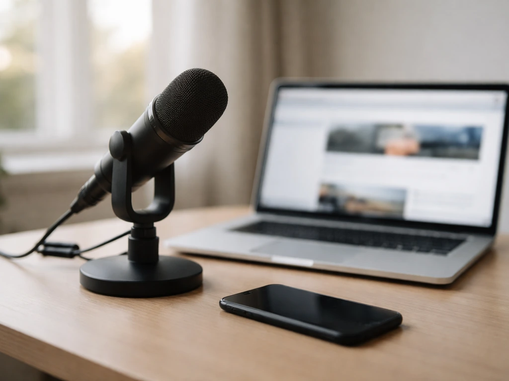 Podcast-style desk with microphone and phone, symbolizing looking up official sports updates.