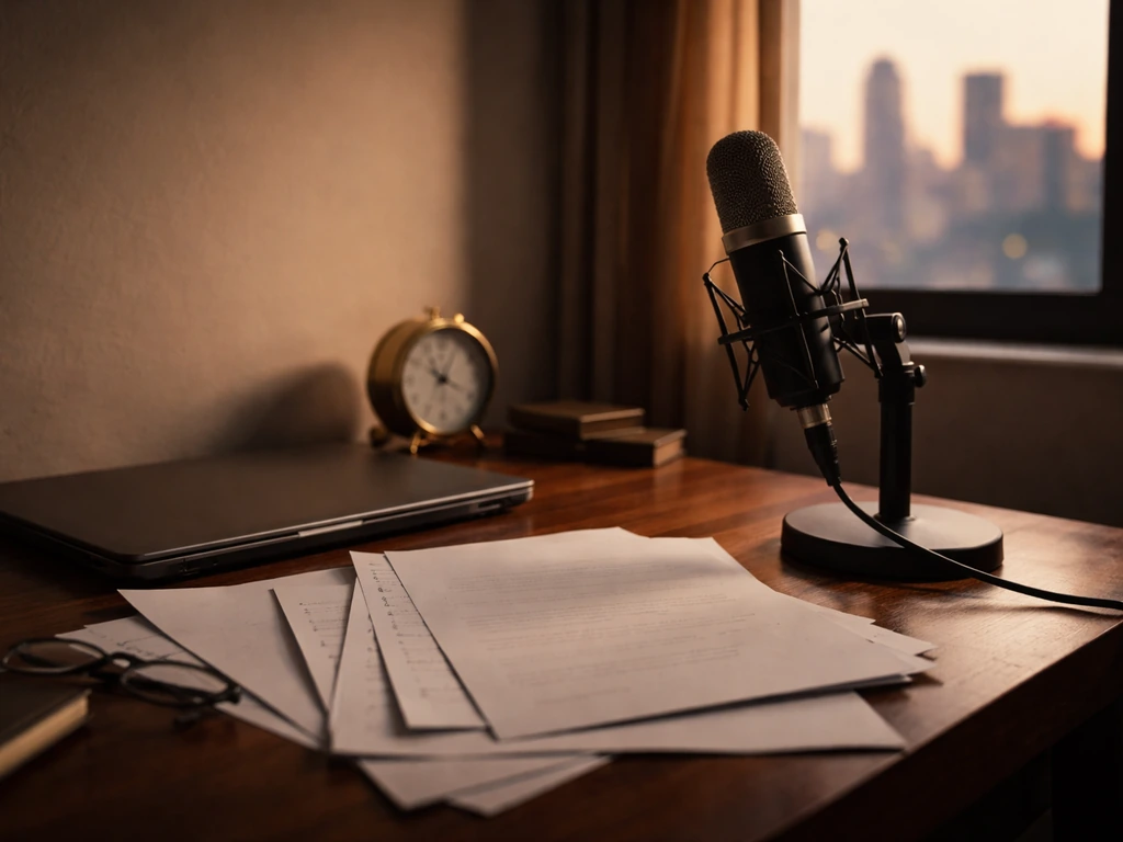Minimal media-and-finance hero scene: desk items and a studio microphone symbolizing an actor’s net-worth analysis.