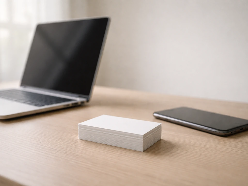 Minimal office desk with several blurred name-card style placeholders to symbolize disambiguating people with the same n