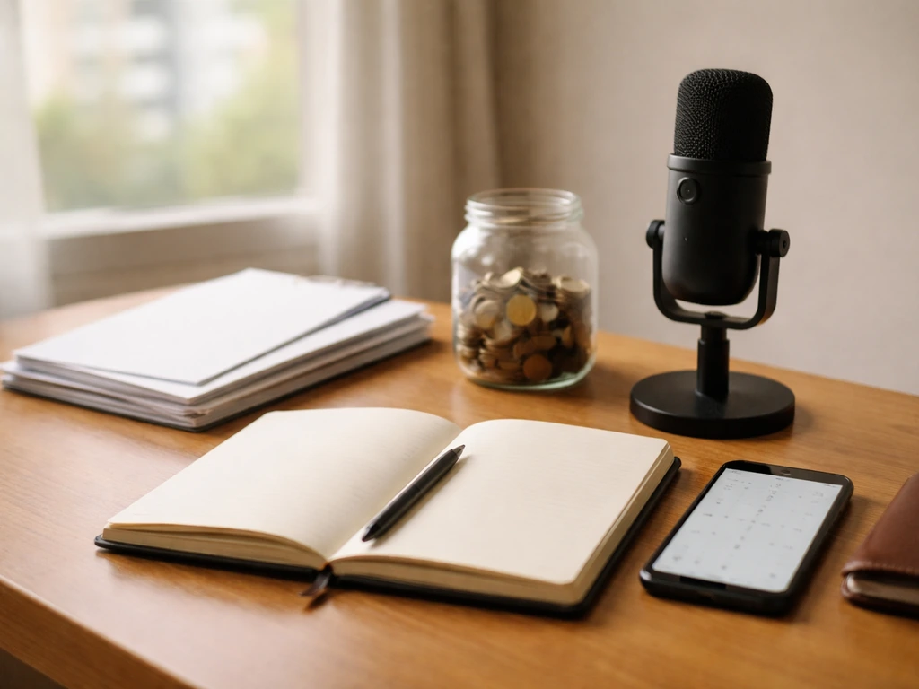 Minimal desk scene with blank documents, coins, wallet, and microphone suggesting estimate-building steps