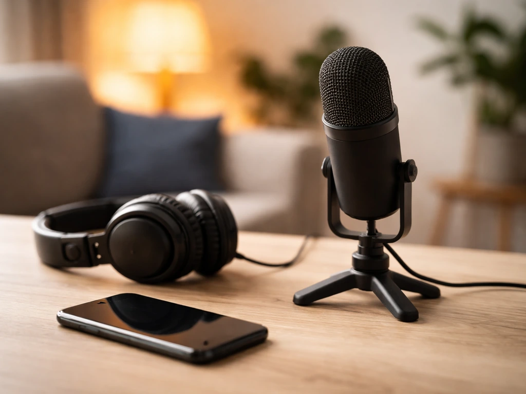 Minimal media studio desk with a microphone and headphones, symbolic of a famous YouTuber persona.