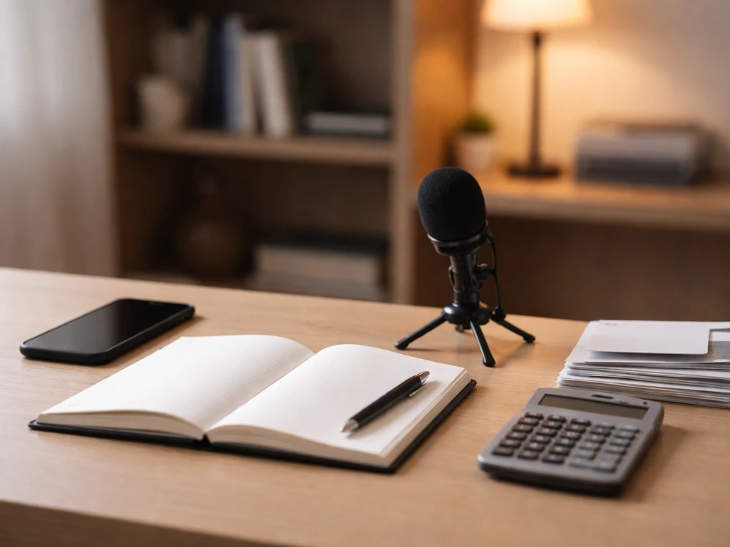 Minimal desk scene with phone, microphone, calculator, and blank notebook suggesting creator net worth modeling