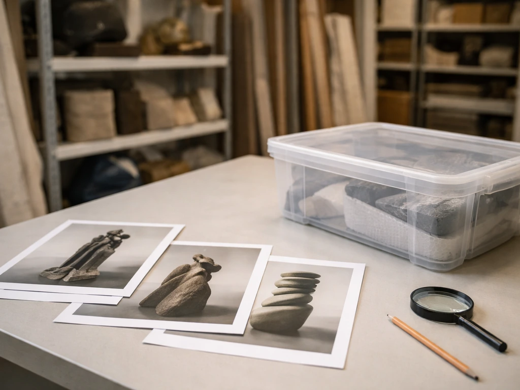 Minimal studio scene with sculpture archival photos, stored artworks, and a sealed storage container implying art asset