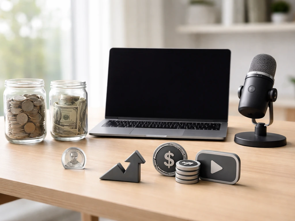 Minimal desk scene with media and finance symbols suggesting creator net worth estimation breakdown