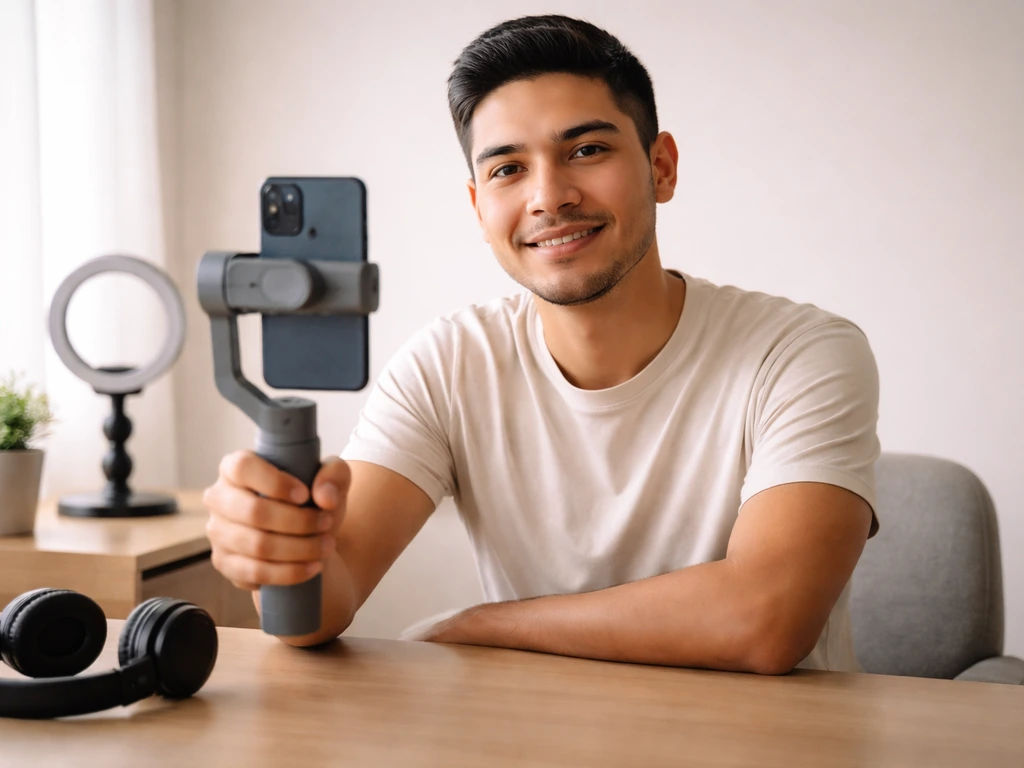 Mexican-American social media creator filming a vlog setup with a smartphone in a simple home studio