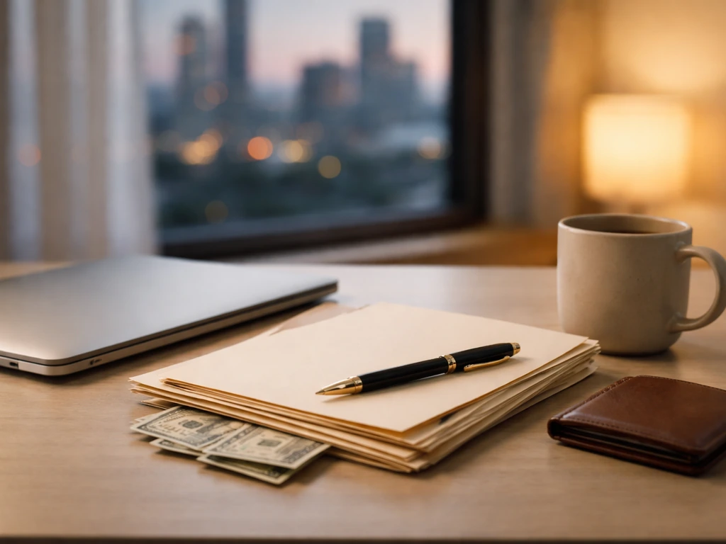 Minimal home-office desk with papers, pen, and a few cash bills symbolizing financial analysis.