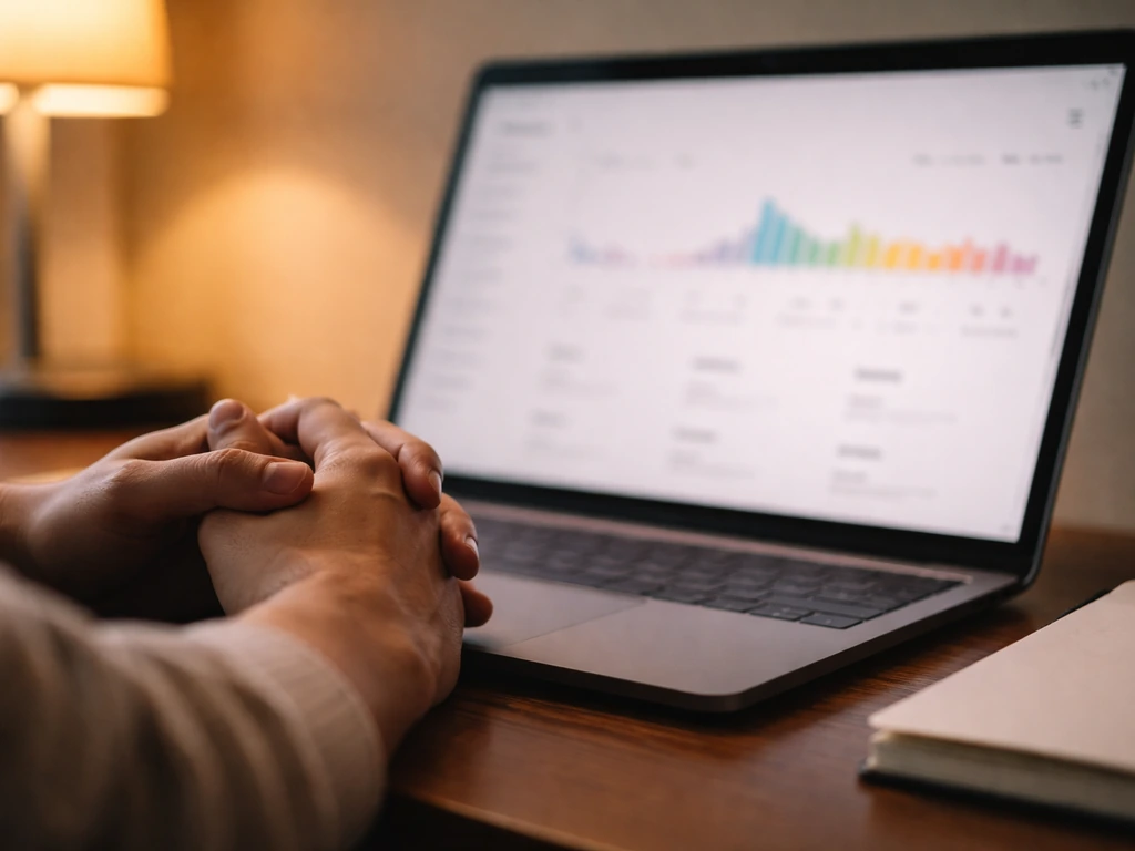 Close-up view of a minimalist laptop showing blurred creator analytics-style metrics for ad revenue modeling