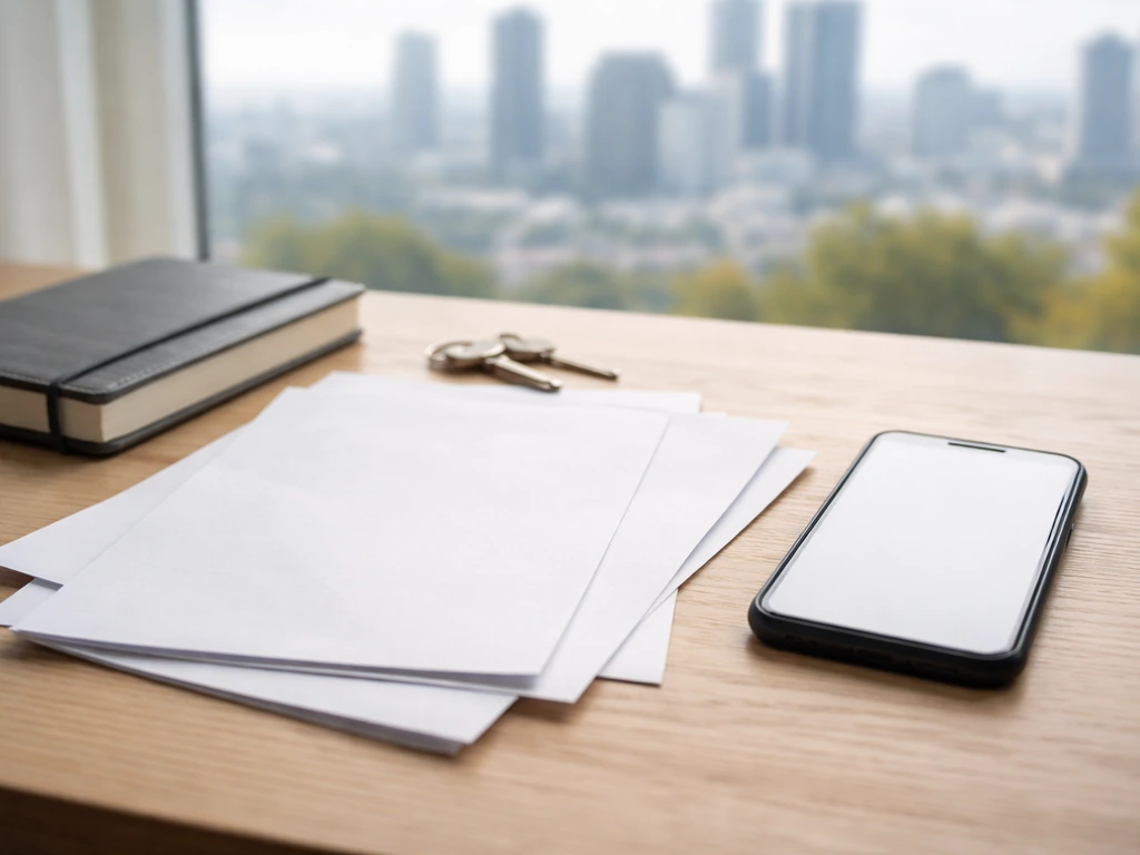 Minimal desk scene with blank documents and a smartphone, symbolizing net-worth research and source checking.